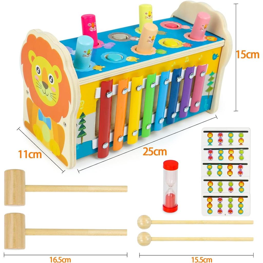 Hammer Game and Xylophone Children's Montessori Toy 4-in-1 Wooden Toy Motor Skills Cube with Knocking Bench Children's Toy Hammer Game for Gift