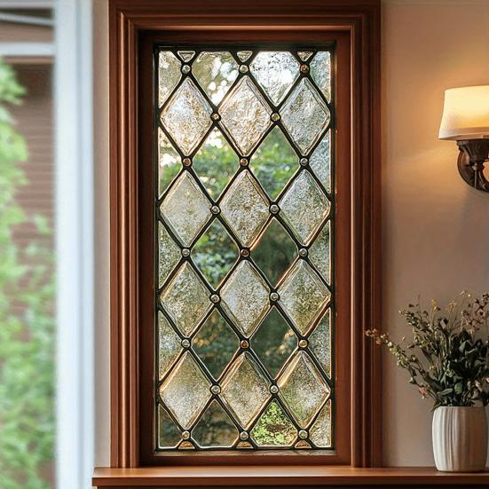 Geometric Window Film Rhombus Pattern Privacy Film Stained Glass Art Static Cling Sun Blocking Decal for Home Office Windows Glass Doors