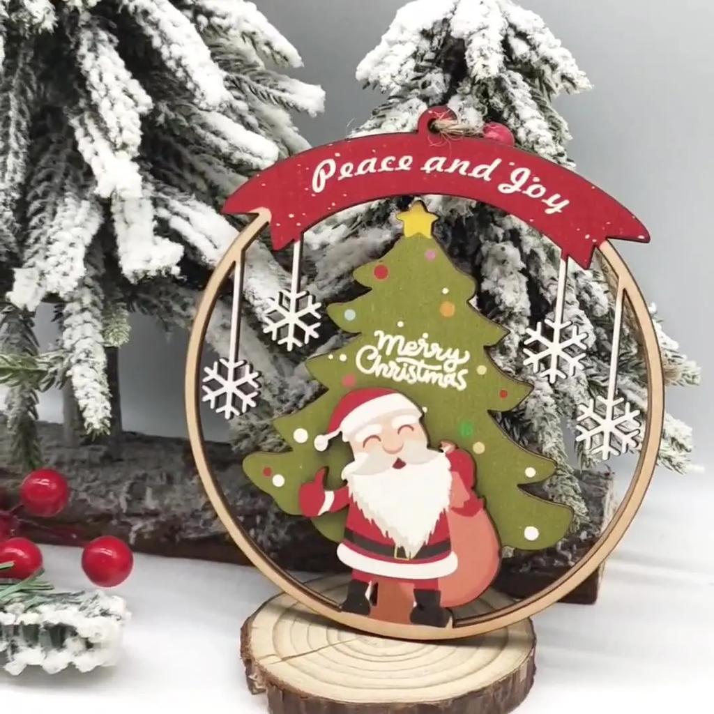 3-piece Set of Christmas Ornaments, Circular Hollow Wooden Pendant, Holiday Party, Christmas Tree Scene Decoration
