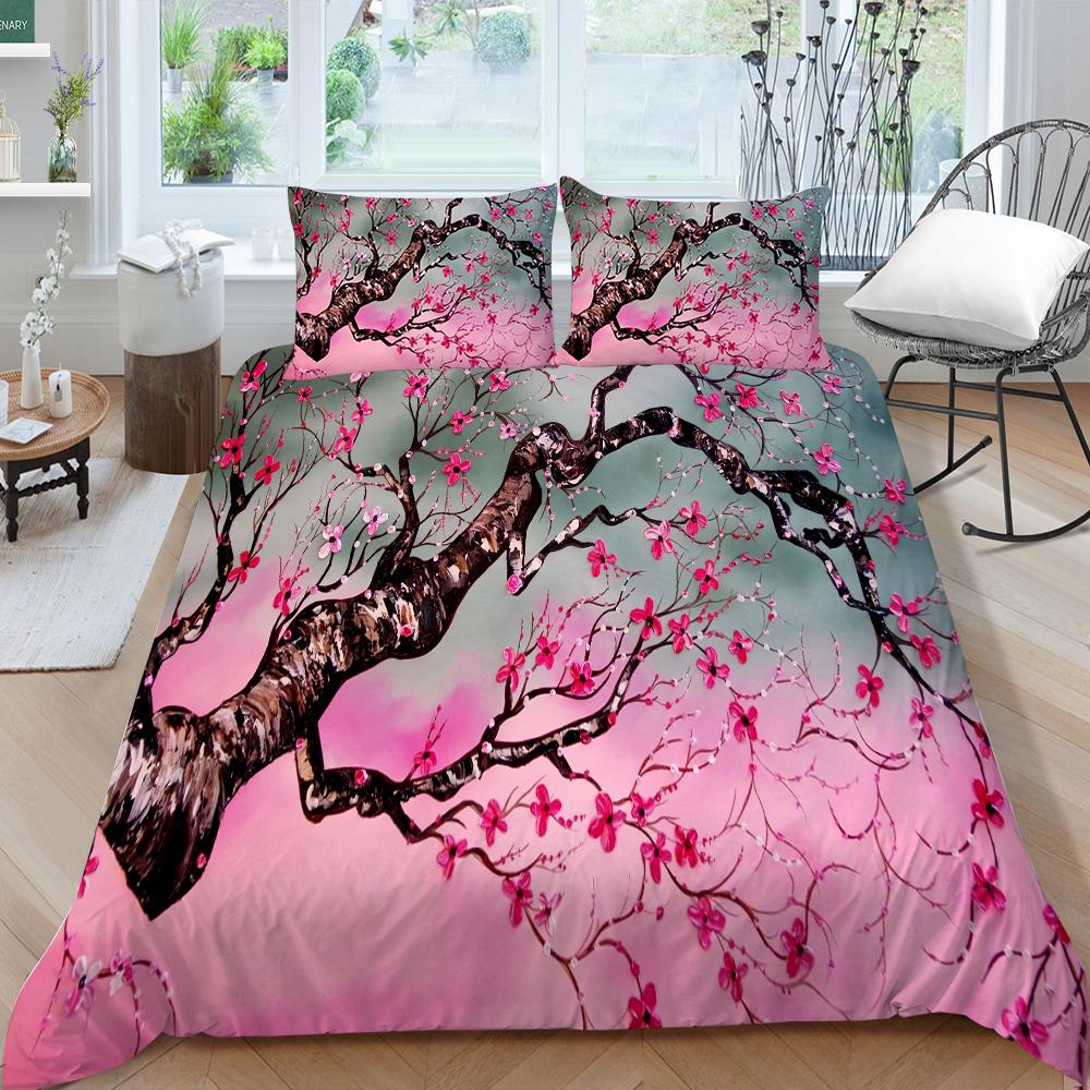 3D Family Bedding Single Double Bed Full Size Bedding Plum Blossom Pattern Pillowcase and Quilt Cover Noble and Washable Family Decoration