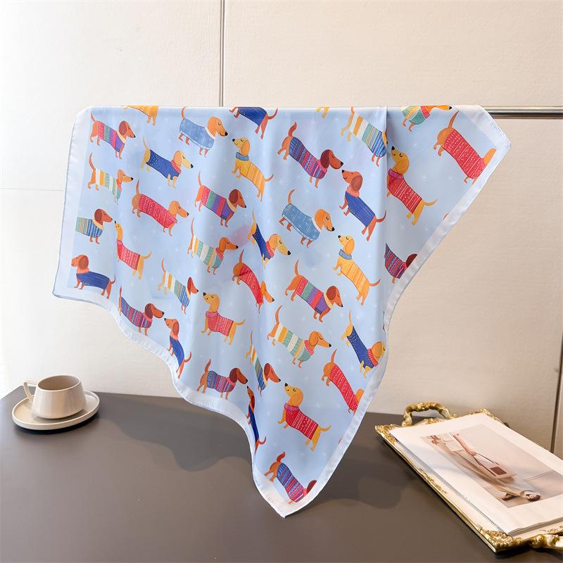 New dachshund print faux silk small square scarf shawl versatile high-end neck scarf bandana wrap