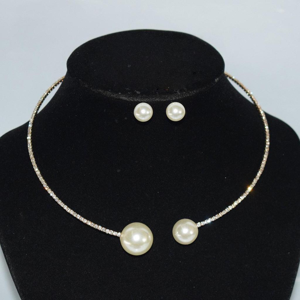Gold-Plated Silver Women's Necklace & Bracelet Set with Pearls and Rhinestones