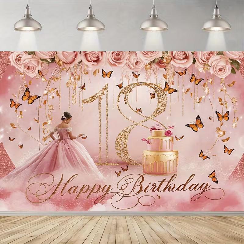 2D Pink Gold 18th Happy Birthday Backdrop Banner with Butterflies & Roses