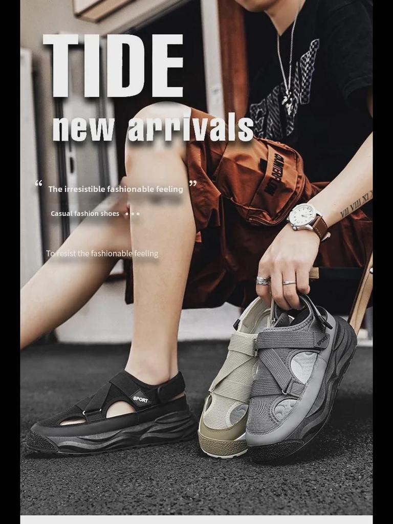 Мужские дышащие летние модные сандалии с ремешками на липучках - повседневные пляжные тапочки