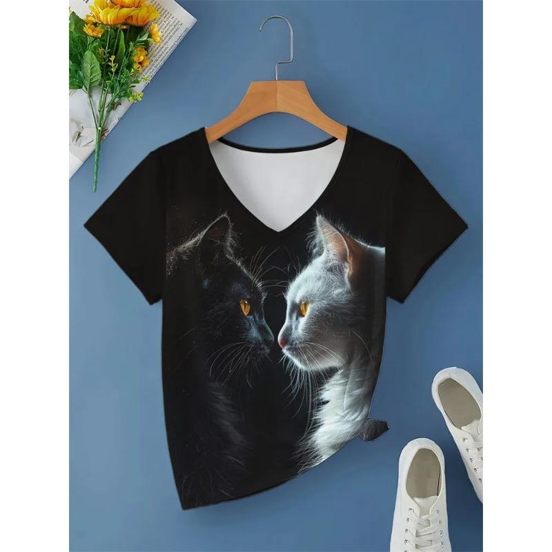 Casual Fashion Simple Abstract Painting Animal Black and White Cat Breathable 3D Printed V-neck Short Sleeve T-shirt Casual Sports Shirt