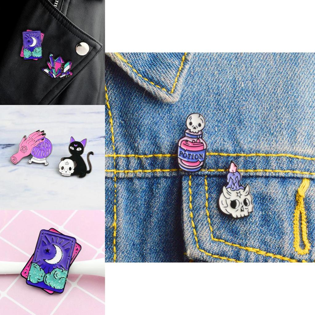 Эмалевая брошь премиум-качества с изображением ведьминских инструментов, черепа, кошки для Хэллоуина