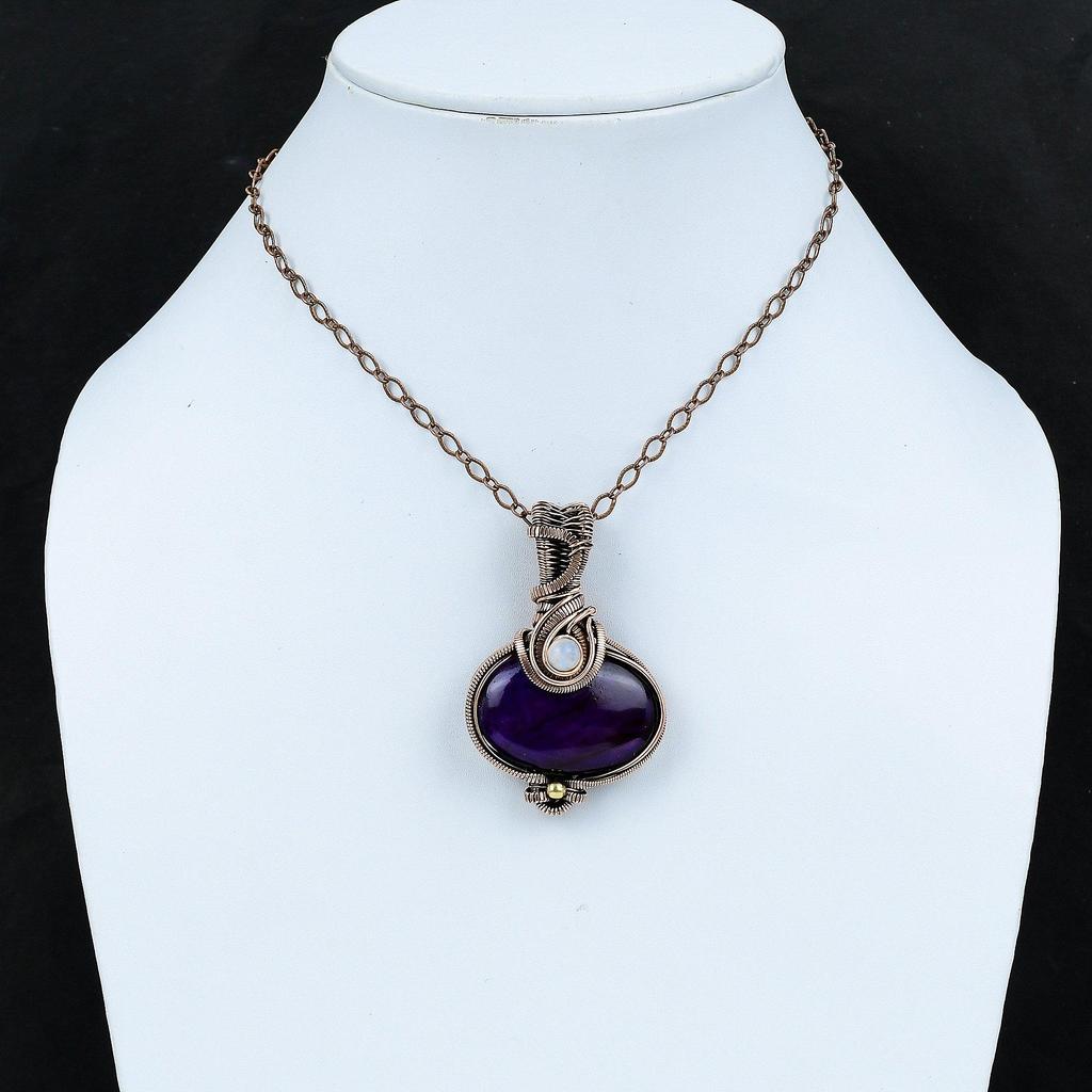 Подвеска из фиолетового огненного лабрадорита, подвеска из медной проволоки, ювелирное изделие ручной работы из меди, подвеска из радужного лунного камня, драгоценный камень, подарок для мамы