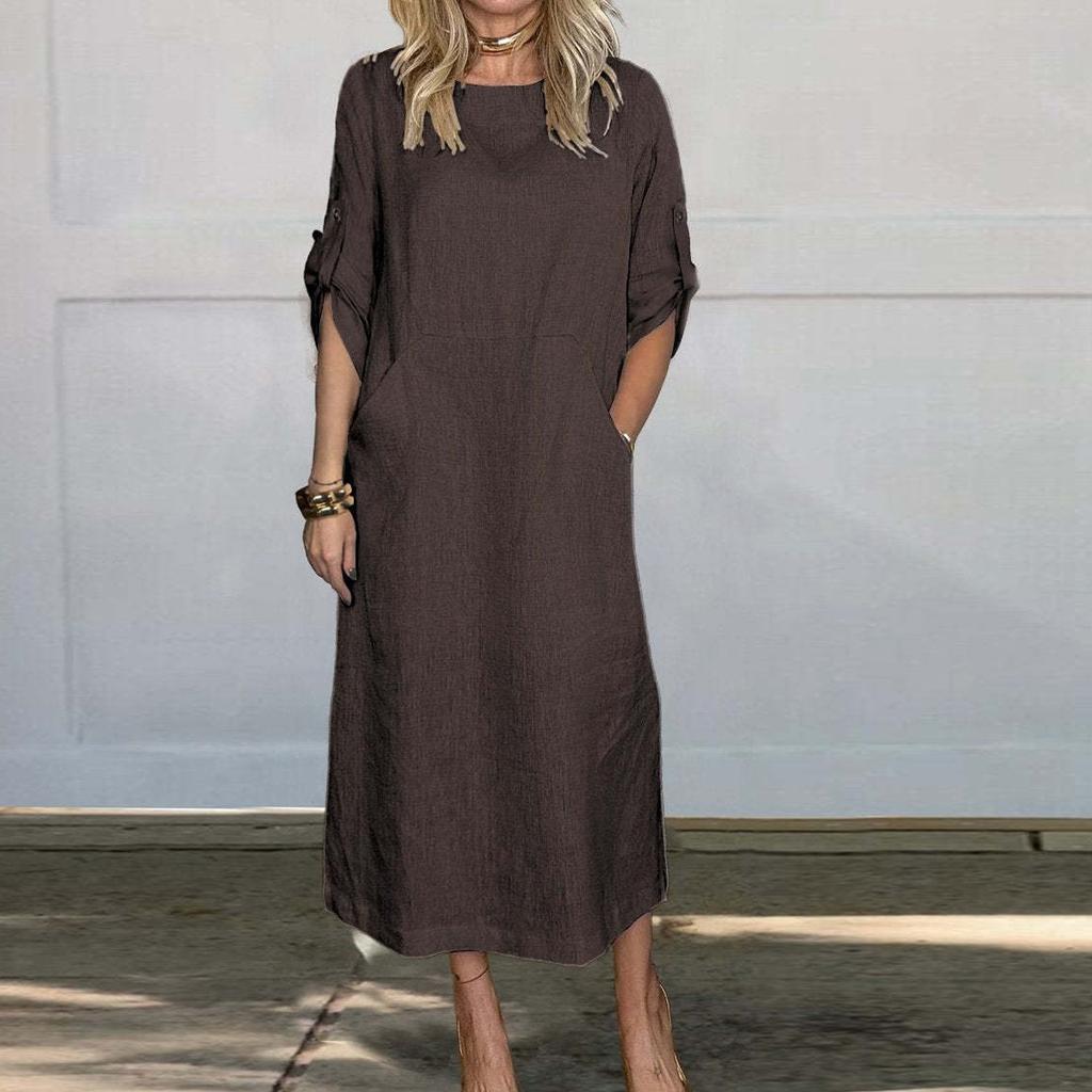 Women's Cotton And Linen Solid Color Casual Round Neck  Double Side Pockets 3/4 Sleeve Long Dress