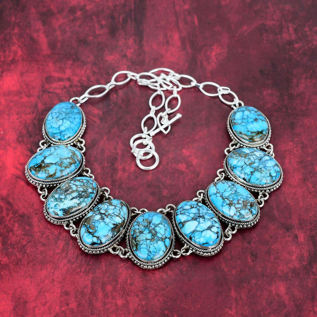 Blue Turquoise Handmade Gemstone Necklace, 925 Solid Sterling Silver Antique Jewelry Adjustable Chain Necklace, For Engagement Gift