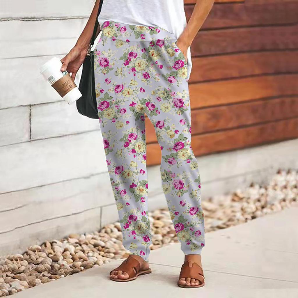 Women 3D Blue and Beautiful Rose Print Pants Lace Up Elastic Waist Loose Trousers Casual Long Pants Trousers with Pockets
