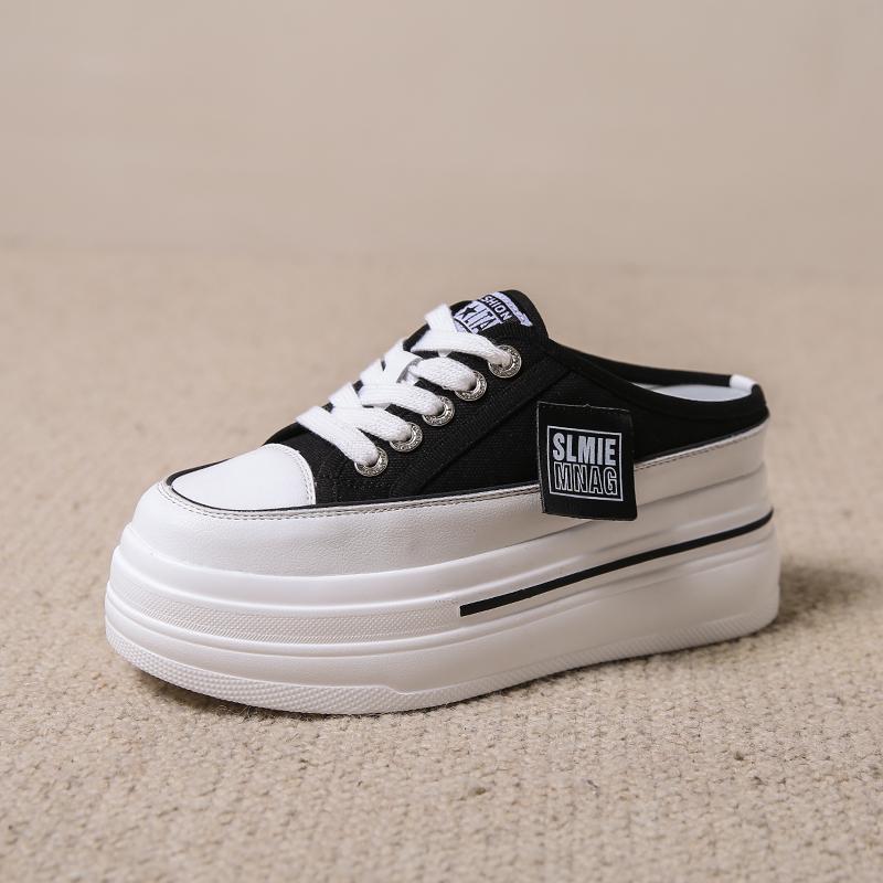 New Versatile Heelless Little White Shoes Thick Sole Inner Height Increase Bag Head Half Slippers Women's College Style Sandals 2025