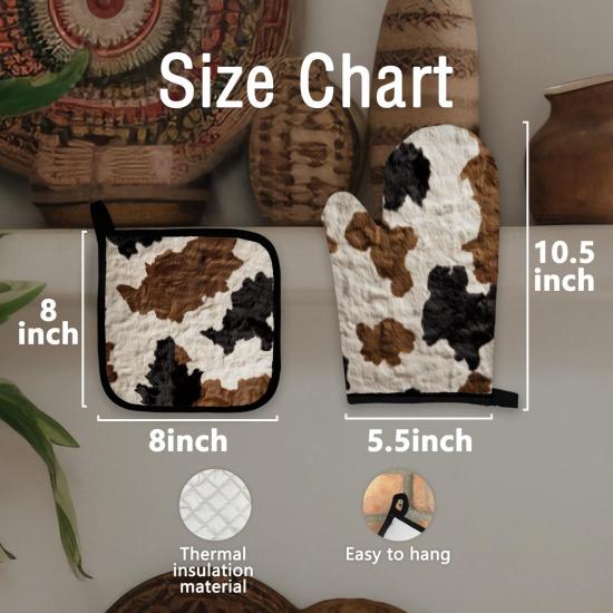 Vintage Brown Cow Print Oven Mitts and Pot Holders Sets, Cow Gifts Country Western Cowhide Over Mittens for Kitchen Decor Potholders & Oven Mitts