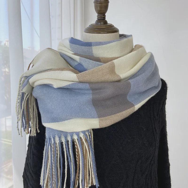 2022 Women's Plaid Scarf: Korean Style, Autumn/Winter, Imitation Cashmere, Tassel Shawl, Thick & Warm.