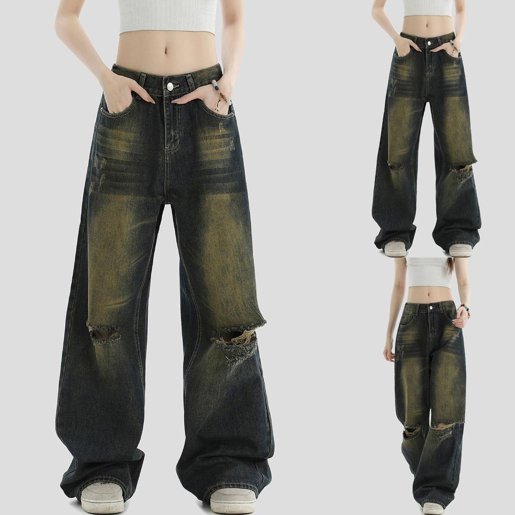 Женская мода ретро личность потертый старый с высокой талией ретро свободные прямые джинсы
