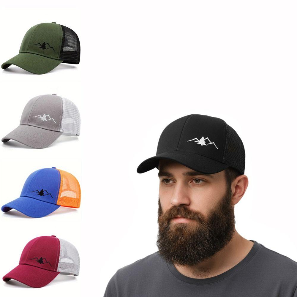 Mountain Embroidery Mesh Cap Adjustable Fit Sun Shading Hat Breathable Hat Unisex Wear
