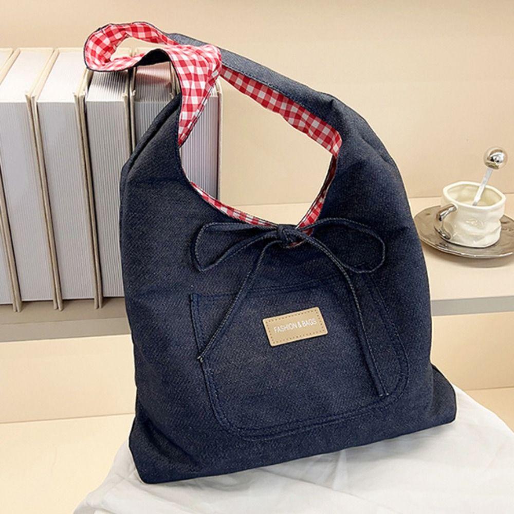 Japanese Style Denim Shoulder Bag Lattice Canvas Tote Bag Double Sided Plaid Denim Vest Bag  Travel