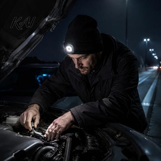 Car Repair Work Light Hat LED with Light, Unisex USB Rechargeable Headlamp Skull Cap, Adjustable Brightness Warm Winter Knitted Cap for Men,