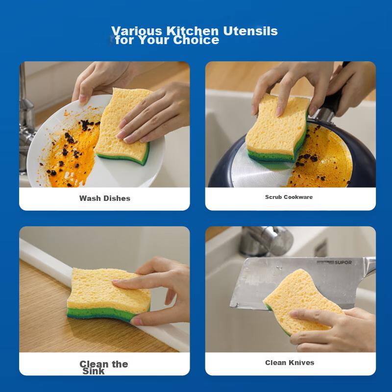LYNN Natural Wood Pulp Cotton Scouring Pad, 4 Pieces, Double-Sided Double-Effect Dishwashing Cloth, Degreasing Sponge Wipe