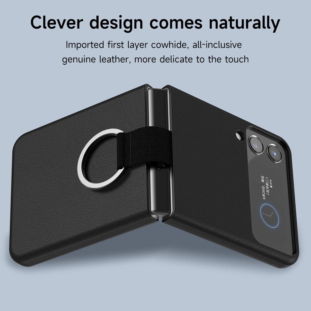 Genuine Cowhide Leather Phone Case for Samsung Galaxy Z Flip 3 Flip3 ZFlip3 Ring Lanyard Shockproof Separate Back Cover Shell