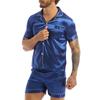 Men 2Pcs Silky Satin Pajamas Set Button Down Shirt Top with Boxer Shorts for Sleepwear Loungewear
