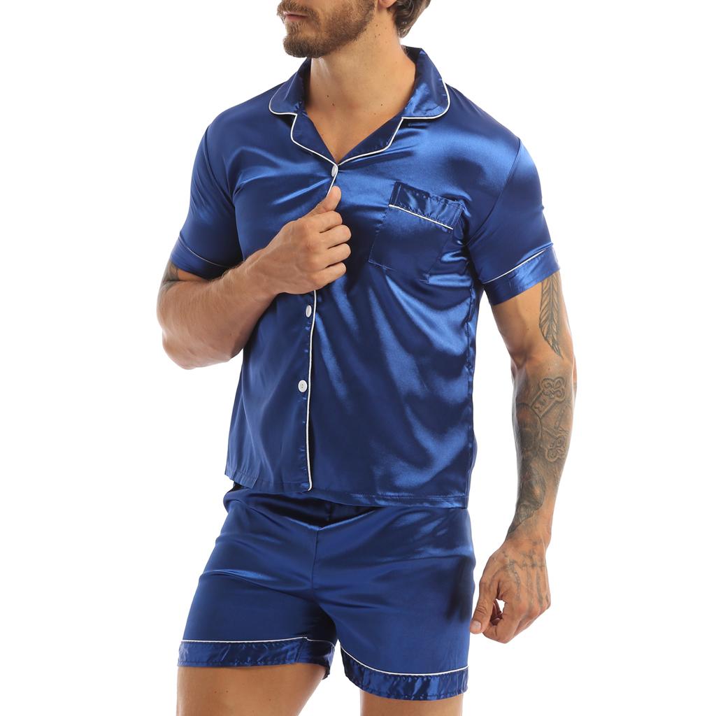 Men 2Pcs Silky Satin Pajamas Set Button Down Shirt Top with Boxer Shorts for Sleepwear Loungewear