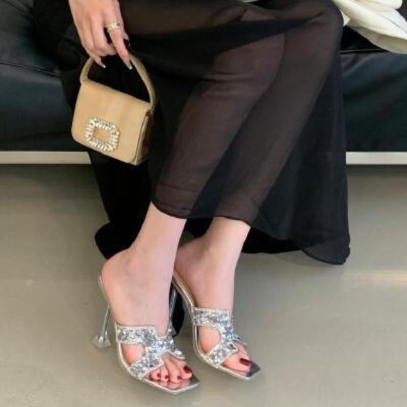 Туфли на высоком каблуке новый сказочный стиль мода с бриллиантами большой размер тонкий каблук стразы бант летние женские шлепанцы