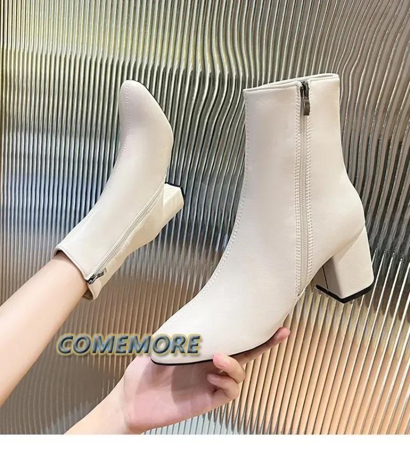 2024 Новые женские удобные ботильоны на среднем каблуке с боковой молнией, модная обувь, черные, белые, классические, элегантные, женские ботинки на квадратном каблуке