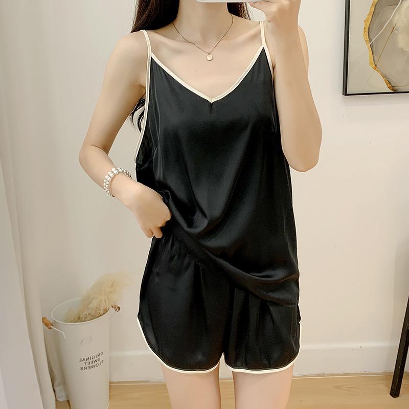 Женский летний пижамный комплект из ледяного шелка - Сексуальный, свободный топ-майка и шорты для повседневной или уличной носки