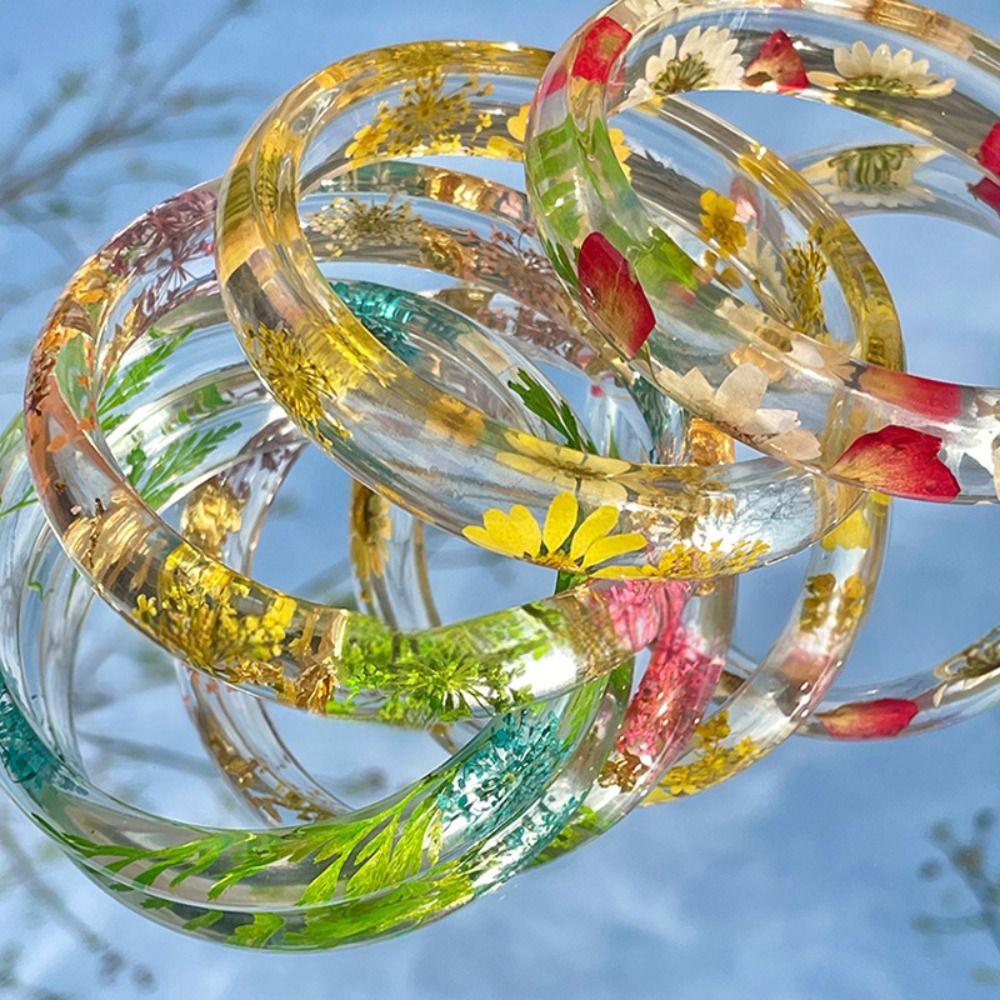 Resin Acrylic Bangle Wide Big Cuff Bangle Temperament Natural Dried Flower Bracelet Decoration
