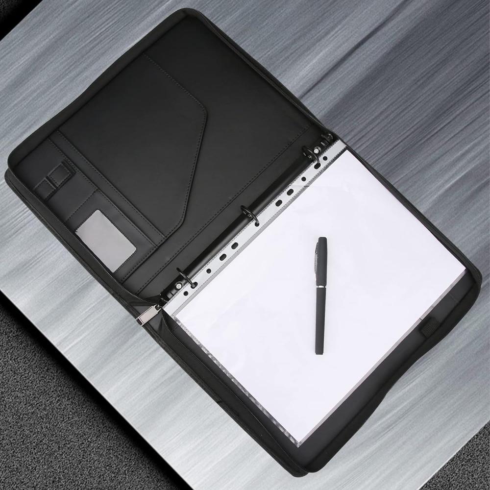With Zipper A4 Document Binder Organizer Leather Document Holder Multi-function Storage Pockets