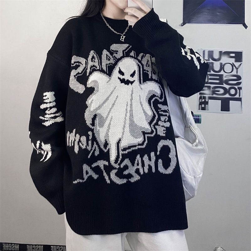 Осенний академический стиль Новый Diablo Harajuku Style Ghost Alphacard Retro Loose Thicked Design Knitwear