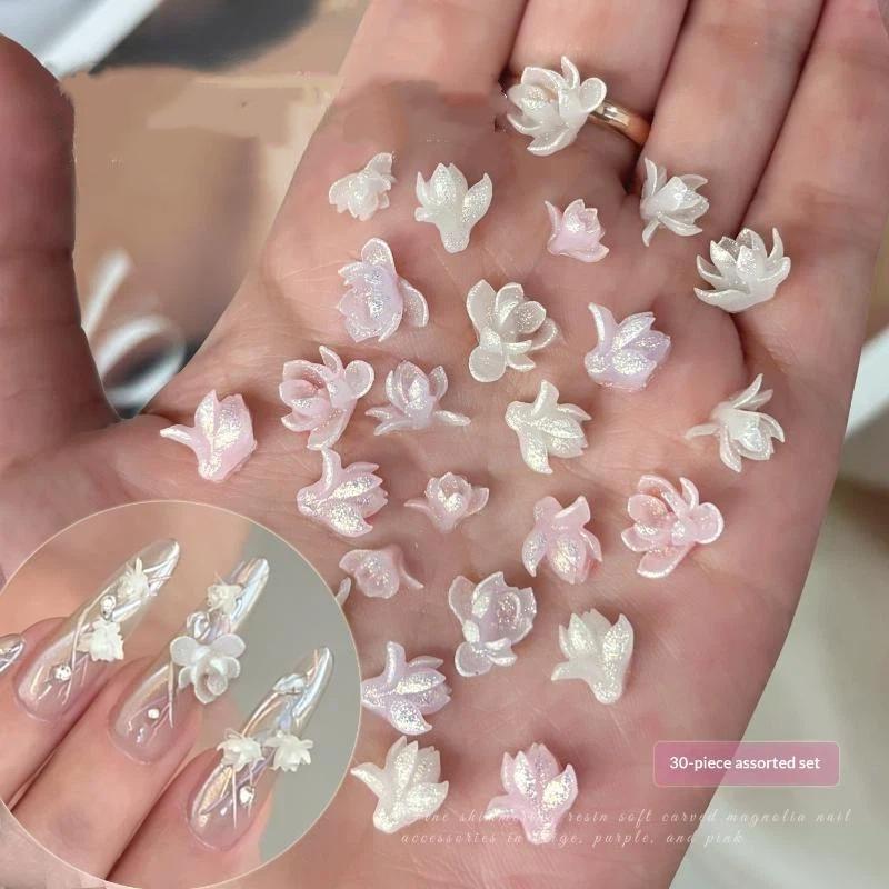 30 шт. 3D мерцающие шармы-цветы магнолии из смолы, мягкая резьба, смешанные цвета с блестками. Идеально для DIY-дизайна ногтей, домашнего и салонного использования