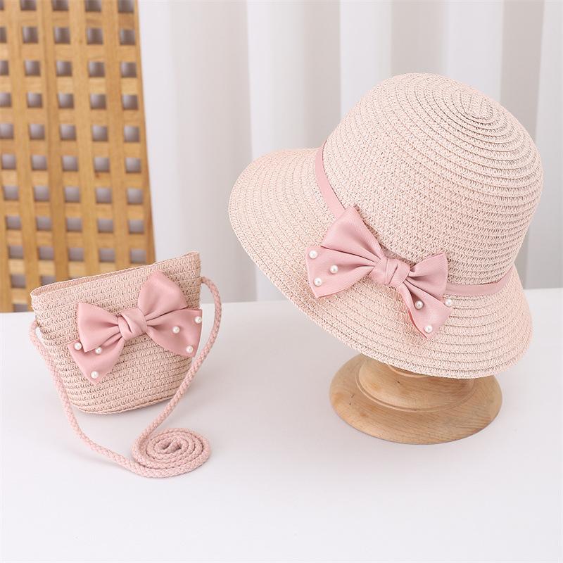 Kids Summer Wide Brim Floppy Straw Hat and Bag Set Beach Sun Visor Cap Cute Bow Baby Birthday Gift for Girls Fisherman Hats