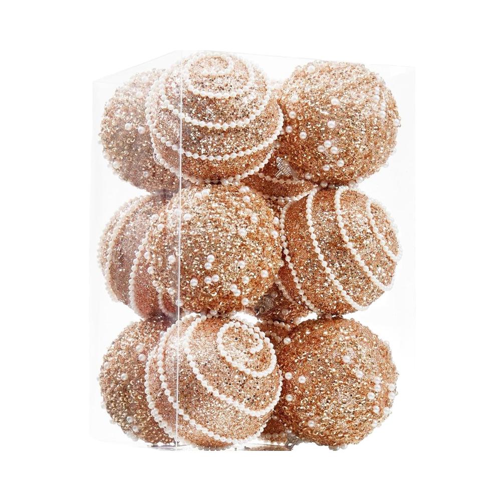 Artificial Rose Gold Christmas Ornaments with Pearls & Glitter-High Quality Luxury Sparkly Festive Tree Decor Balls