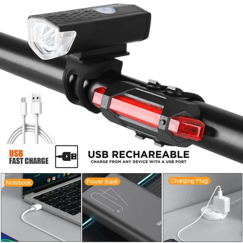 USB перезаряжаемый велосипедный фонарь, передний фонарь с задним фонарем, простая установка, 3 режима, велосипедные аксессуары для велосипеда