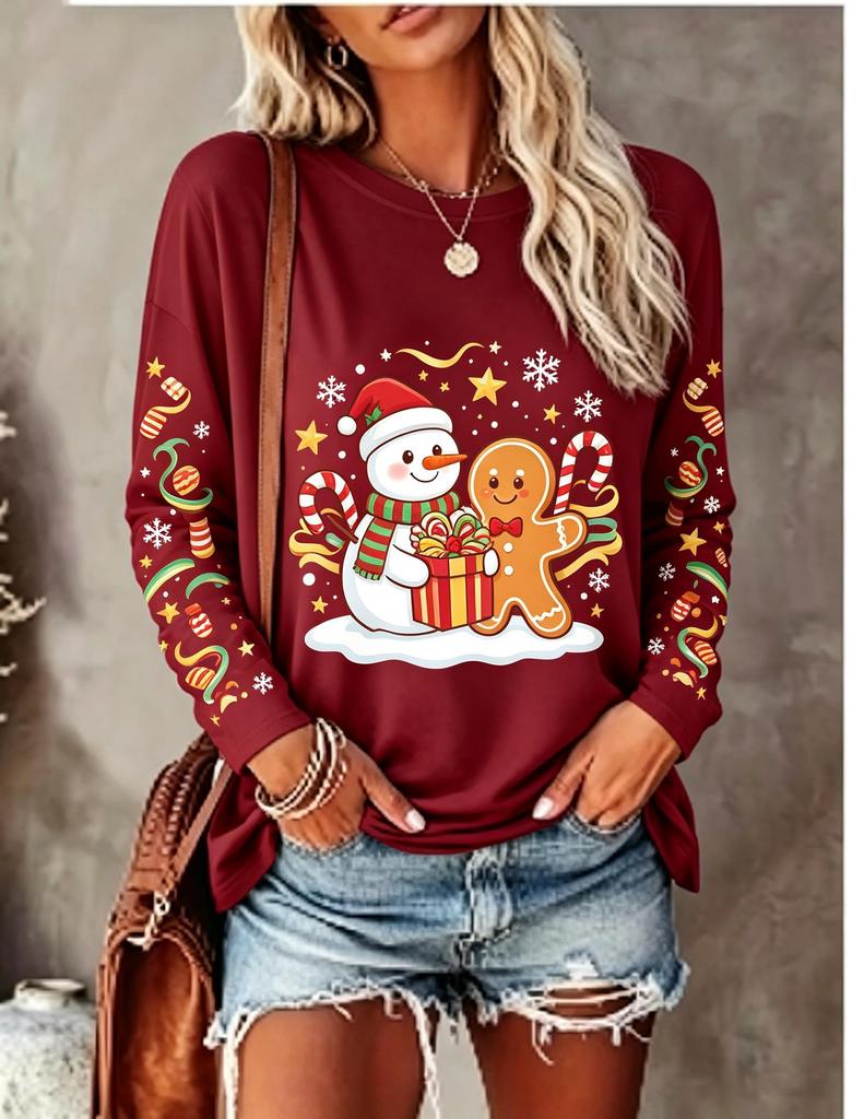 Women Long Sleeve T Shirt Christmas Elf Riding Reindeer Snowflake Ornament Print Crew Neck Casual Fall Tops