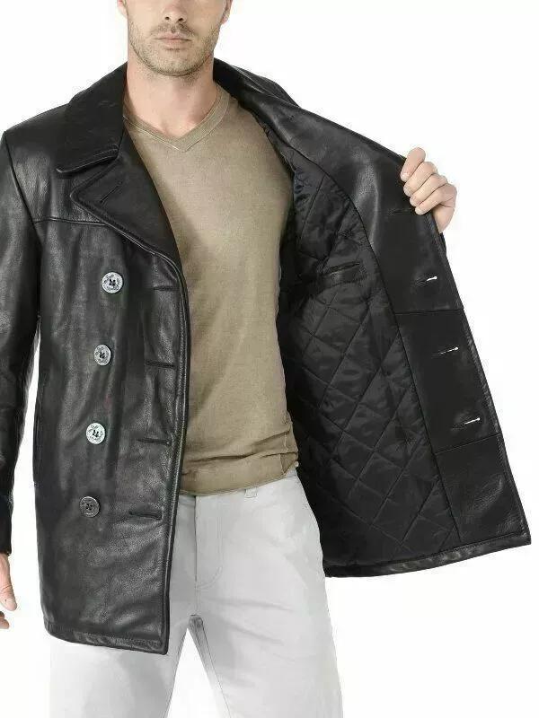 Мягкий черный пиджак из овчины, мужской кожаный пиджак, двубортный пиджак на пуговицах