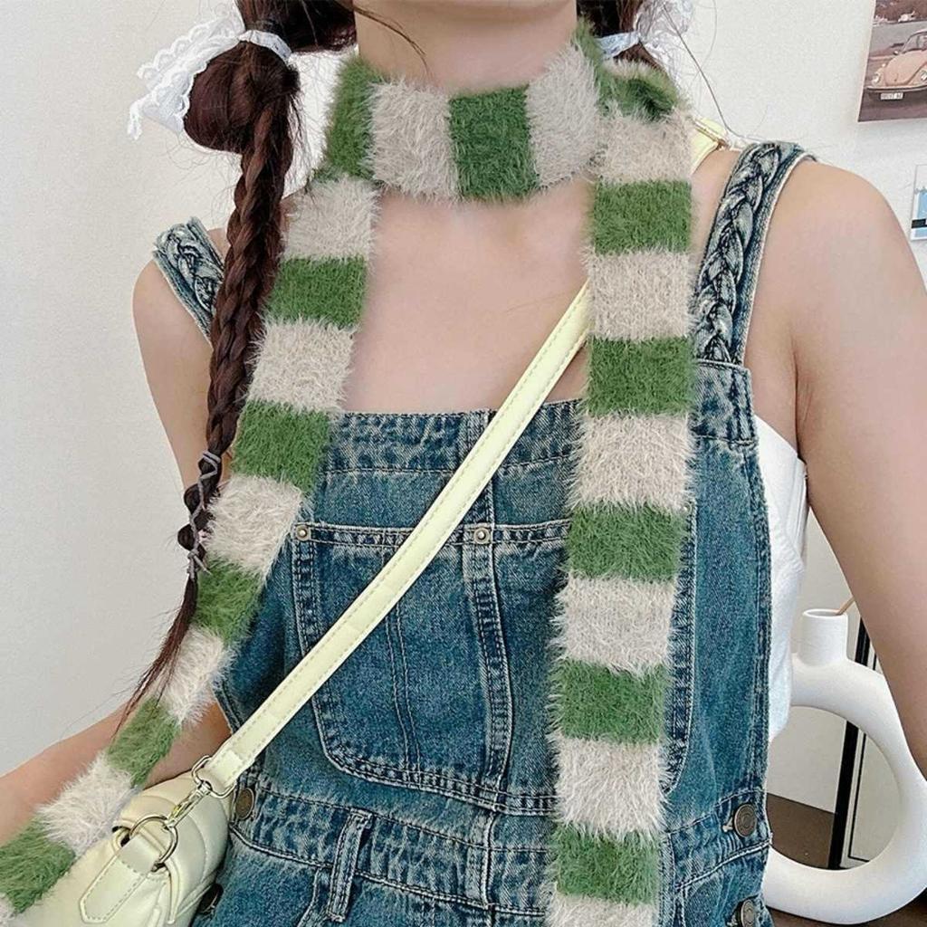 Slender And Long Y2K Striped Plush Scarf Female Niche Design Sense Hot Girl Decorated Scarf
