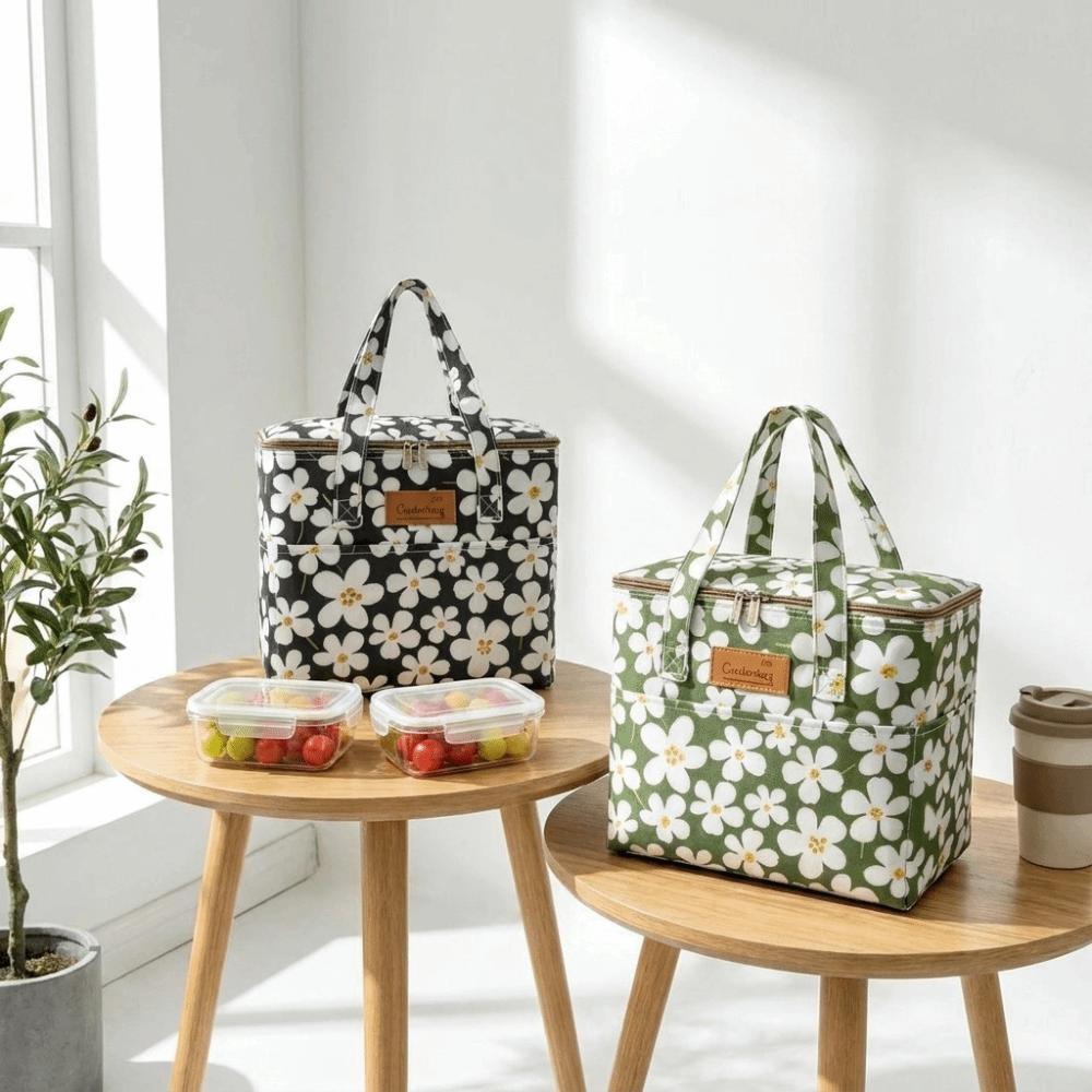 Large Capacity Floral Print Insulated Bag Oxford Fabric Thermal Tote Handheld Food Carrier Outdoor