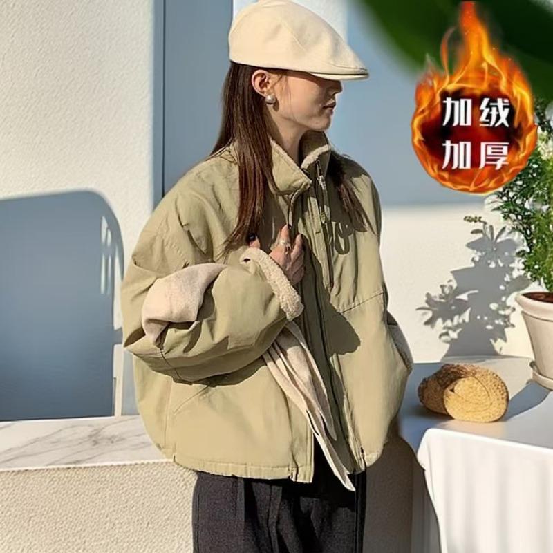 Women Fleece Lamb Wool Short Parka Loose Casual Winter Coat