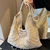 Large Woven Fabric Beach Tote With Tassel Drawstring For Vacation And Daily Outings