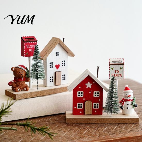 Cute Doll Christmas Ornament Set Mini Village House Figurine, Winter Scene with Snowman Gift for Family Bear & Mailbox, Nordic Style Desktop Tabletop