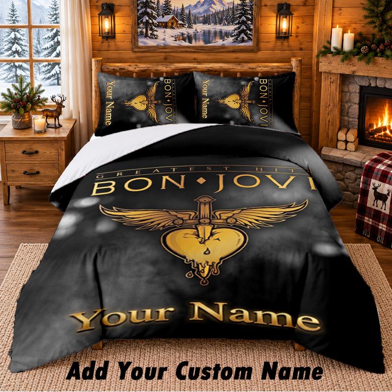 Bon Jovi Pattern Bedding 3Pcs Set Custom Name, Bed Sheet And Pillowcases For Home Bedroom