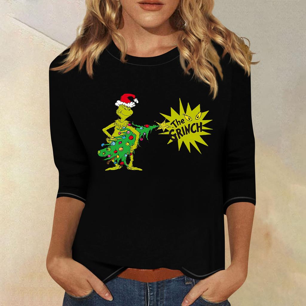 3/4 рукава топы для женщин футболка повседневные рождественские принты топы футболка круглый вырез пуловер блузка