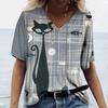 Short Sleeved Women's European and American Abstract Cat 3D Printed V-neck T-shirt Versatile Loose Casual Women's Top