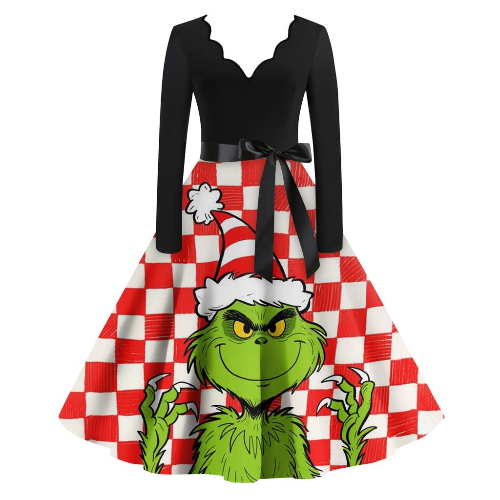 Женское модное ретро платье с длинным рукавом, квадратным вырезом, рождественским принтом, вечернее платье