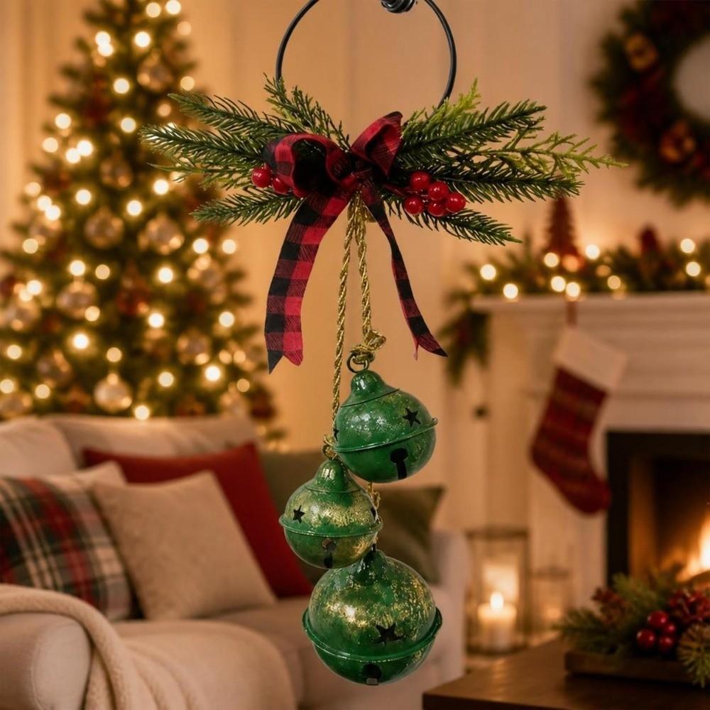 Three-Bell Christmas Tree Bell Decorations Rustic Style Festive Wall Hanging Ornament Shatterproof with Bowknot