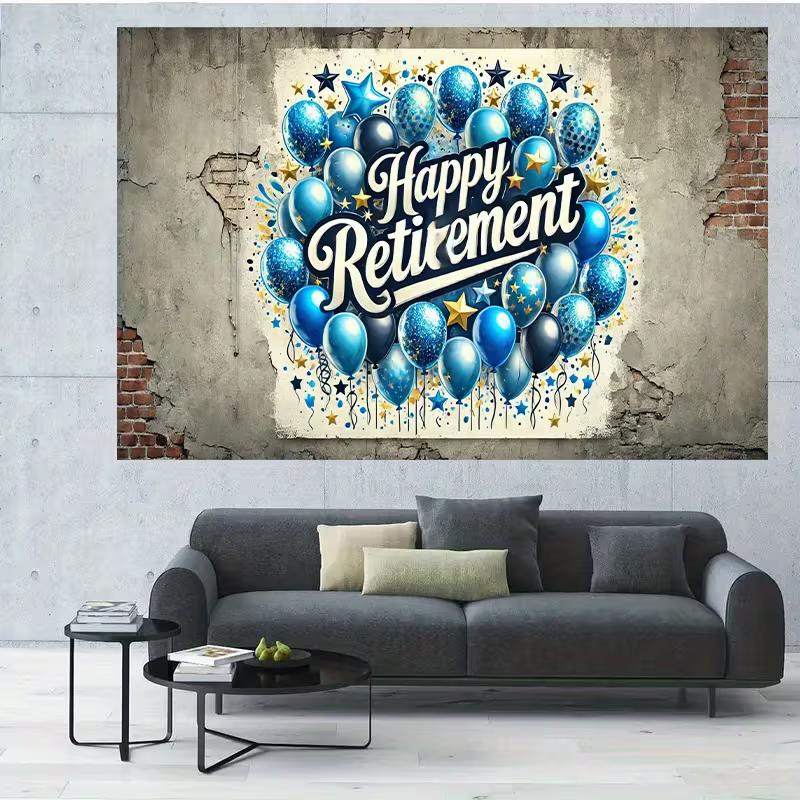 2D Happy Retirement Backdrop with Blue Balloons and Stars Party Background