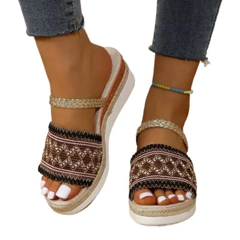 Модные летние женские тапочки, пляжные сандалии, бохо, этнический стиль, эспадрильи ручной работы, тапочки на платформе, шлепанцы для женщин