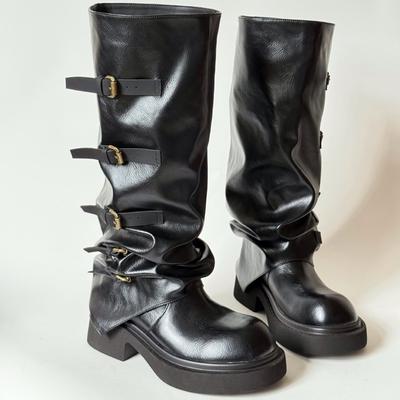 Больше окружность голенища Spice Girl Maillard ботинки на платформе женские 2025 новые ботинки-трубы с пряжками на ремнях, ботинки-гофры в стиле пустоши